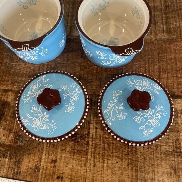 Set of 2 Temp-tations by Tara blue Floral Lace ramekins with lids 8oz Round - Picture 8 of 9